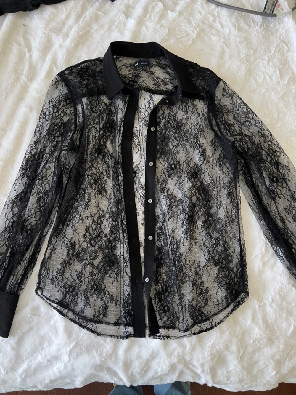 GAP Sheer Black Lace Button-Up Blouse